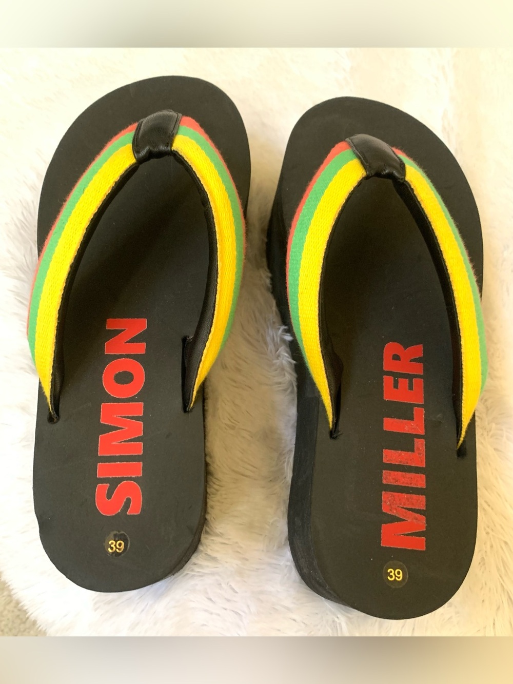 Simon Miller Black Platform Flip Flops with Yellow, Green, Red Straps - Picture 3 of 11